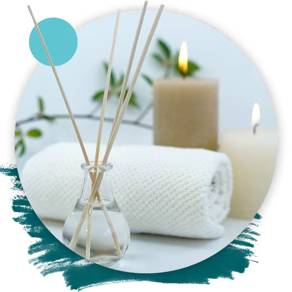 oil diffuser, spa towel, candles