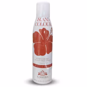 White can of Karerra Skincare Island Colour Airbrush 360 Micro-Mist Spray with red hibiscus design and a white cap.