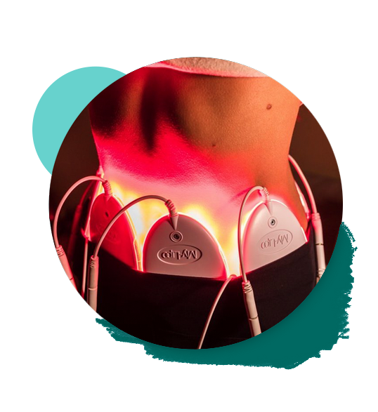 person with bright red LEDs around abdomen