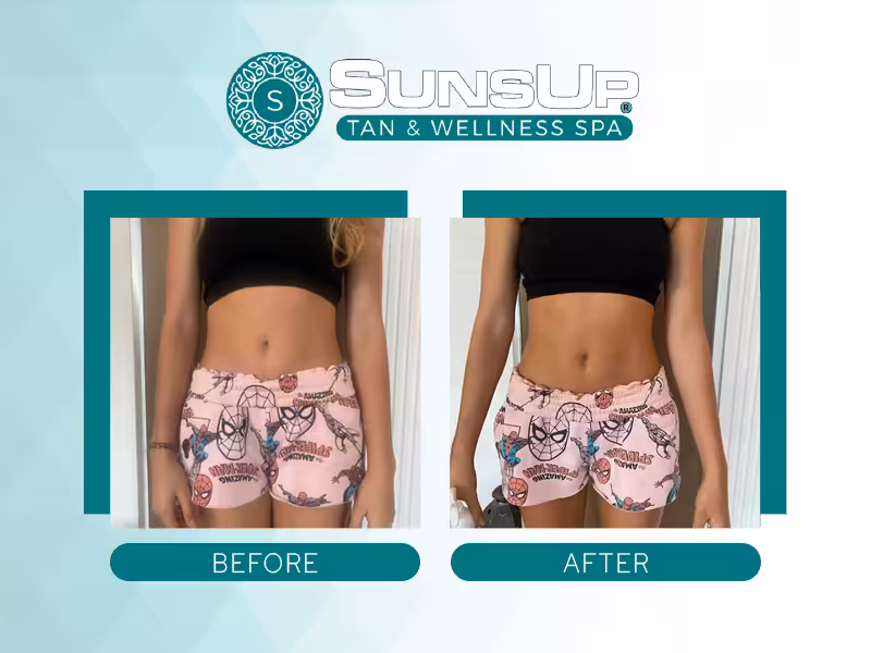 Organic spray tan before and after results on a client at SunsUp Tan and Wellness Spa