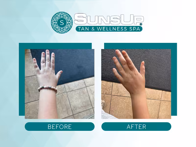 Even, natural-looking organic spray tan result at SunsUp Tan and Wellness Spa