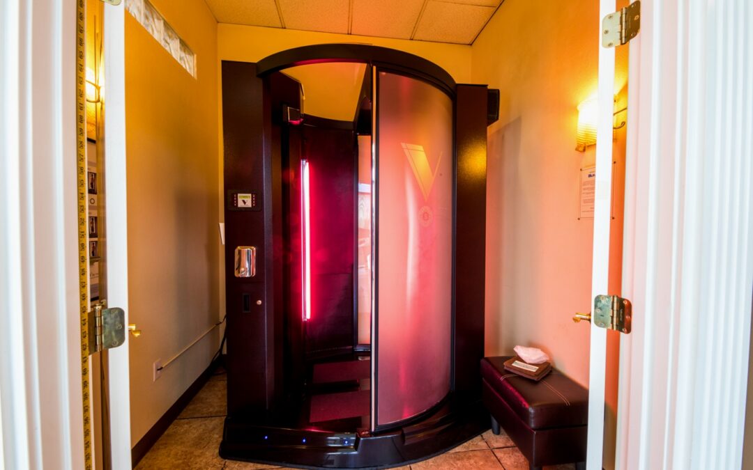 Infrared sauna booth with open door