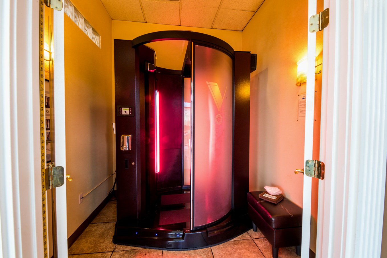 Infrared sauna booth with open door